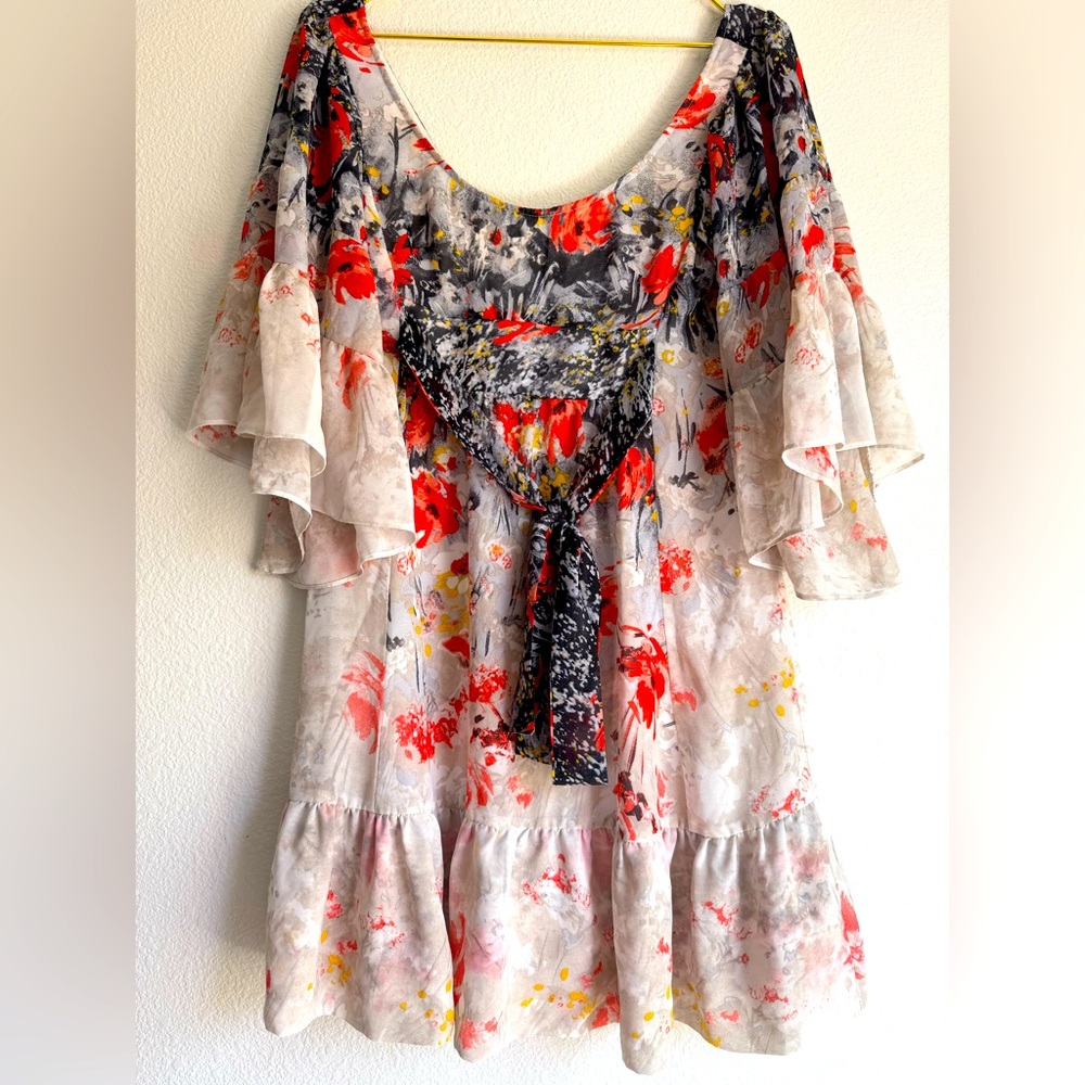 Betsey Johnson Flowy Floral Print Ruffle Babydoll Zip Bow Dress Size 2/Small